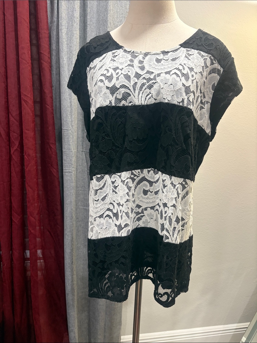 Chico's Black and White Lace Stripe Blouse